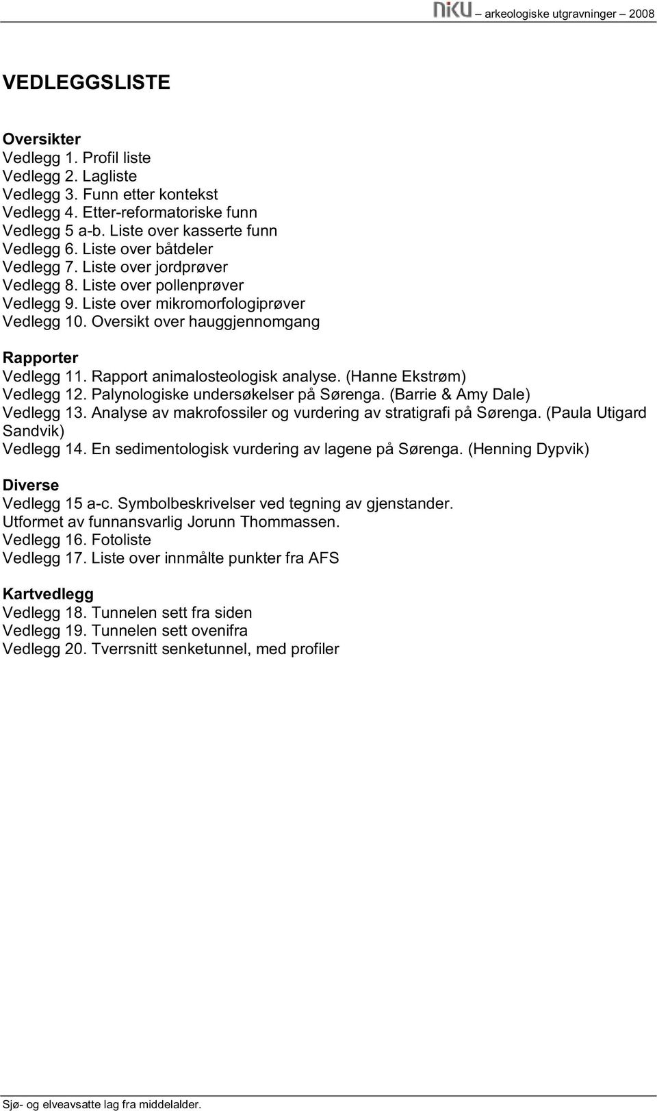 Oversikt over hauggjennomgang Rapporter Vedlegg 11. Rapport animalosteologisk analyse. (Hanne Ekstrøm) Vedlegg 12. Palynologiske undersøkelser på Sørenga. (Barrie & Amy Dale) Vedlegg 13.