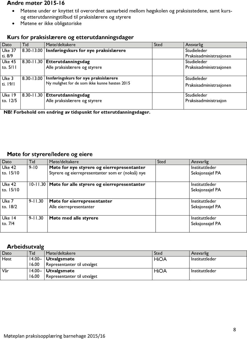 30 Etterutdanningsdag Alle praksislærere og e Praksisadministrasjonen Uke 3 ti. 19/1 Uke 19 to. 12/5 8.30-13.00 Innføringskurs for nye praksislærere Ny mulighet for de som ikke kunne høsten 2015 8.