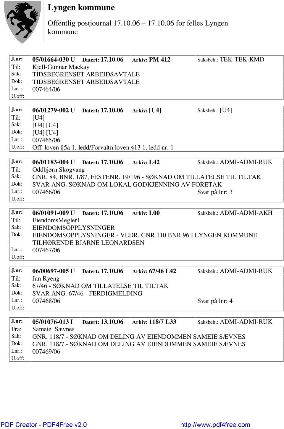 nr: 06/01183-004 U Datert: 17.10.06 Arkiv: L42 Saksbeh.: ADMI-ADMI-RUK Til: Oddbjørn Skogvang Sak: GNR. 84, BNR. 1/87, FESTENR. 19/196 - SØKNAD OM TILLATELSE TIL TILTAK Dok: SVAR ANG.