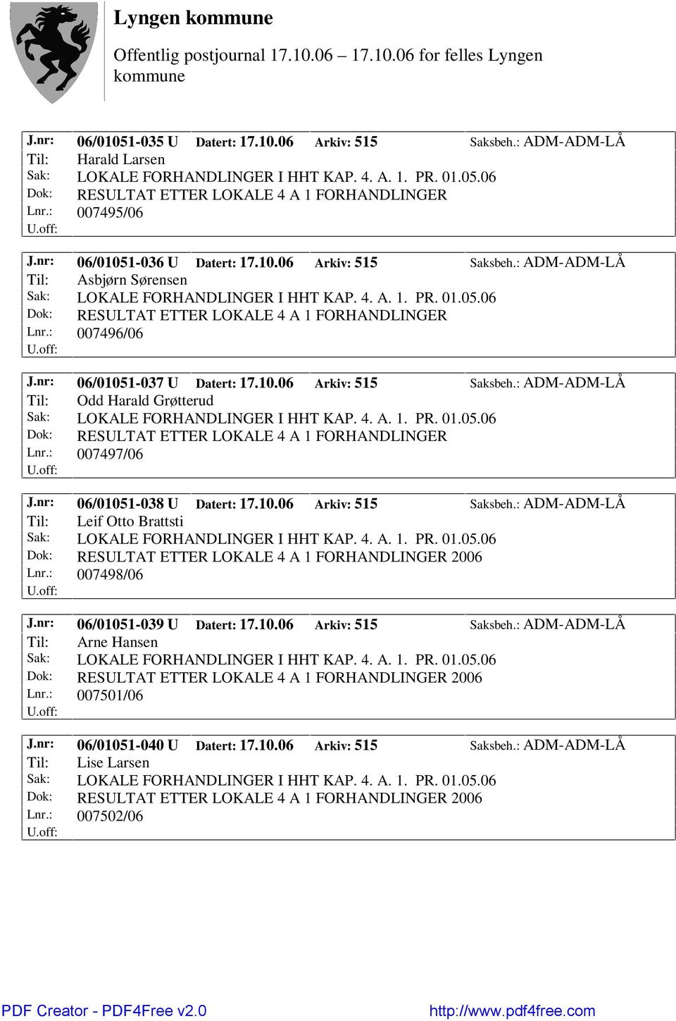 nr: 06/01051-038 U Datert: 17.10.06 Arkiv: 515 Saksbeh.: ADM-ADM-LÅ Til: Leif Otto Brattsti Lnr.: 007498/06 J.nr: 06/01051-039 U Datert: 17.10.06 Arkiv: 515 Saksbeh.: ADM-ADM-LÅ Til: Arne Hansen Lnr.