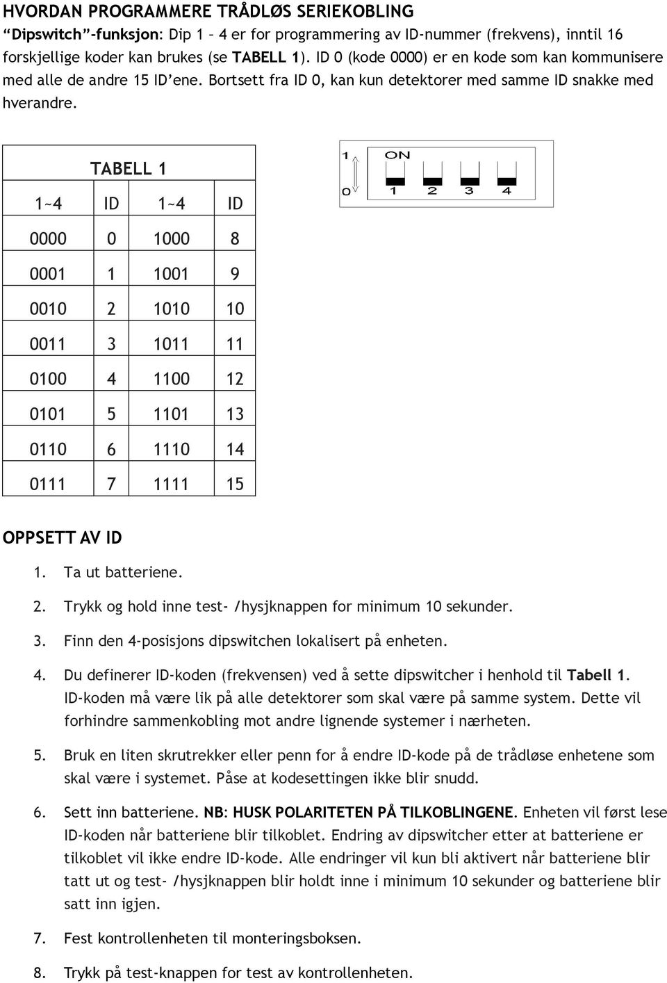 TABELL 1 1~4 ID 1~4 ID 0000 0 1000 8 0001 1 1001 9 0010 2 1010 10 0011 3 1011 11 0100 4 1100 12 0101 5 1101 13 0110 6 1110 14 0111 7 1111 15 OPPSETT AV ID 1. Ta ut batteriene. 2. Trykk og hold inne test- /hysjknappen for minimum 10 sekunder.