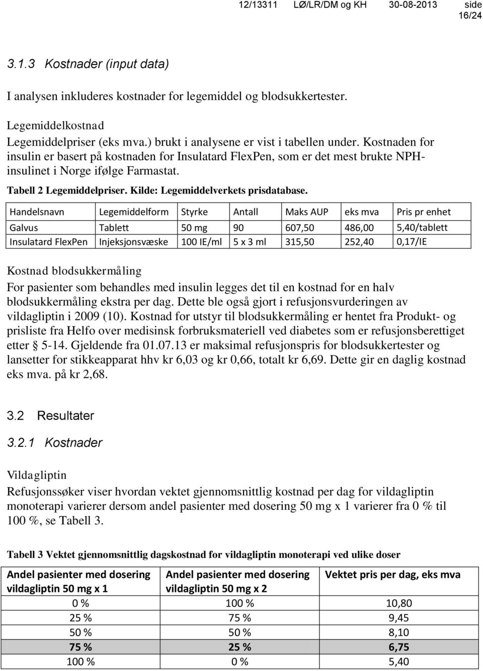 Handelsnavn Legemiddelform Styrke Antall Maks AUP eks mva Pris pr enhet Galvus Tablett 50 mg 90 607,50 486,00 5,40/tablett Insulatard FlexPen Injeksjonsvæske 100 IE/ml 5 x 3 ml 315,50 252,40 0,17/IE