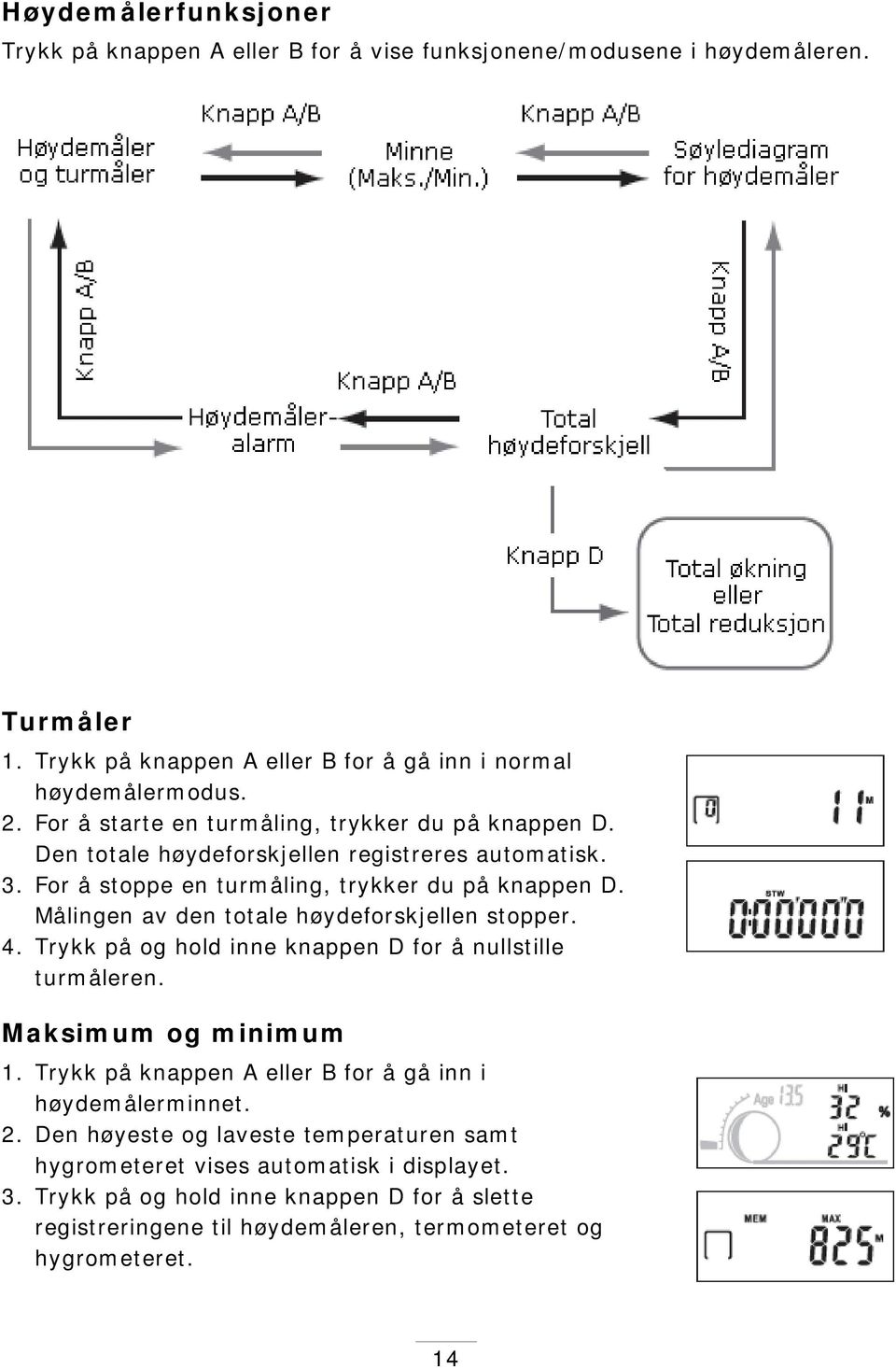 Målingen av den totale høydeforskjellen stopper. 4. Trykk på og hold inne knappen D for å nullstille turmåleren. Maksimum og minimum 1.