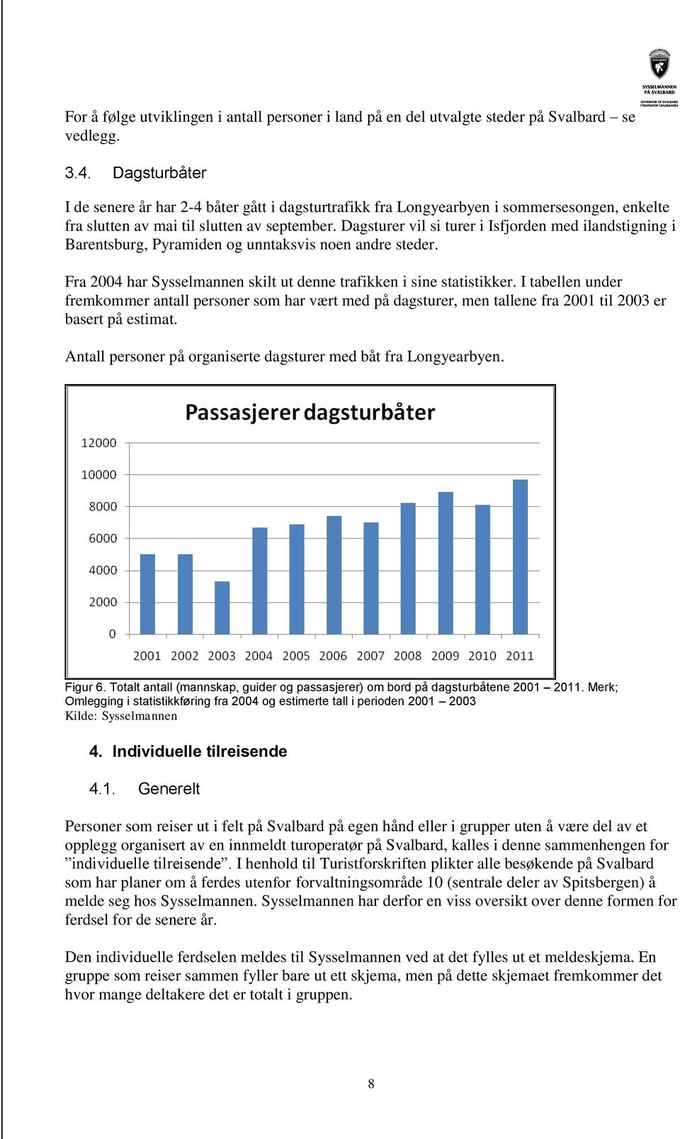 Dagsturer vil si turer i Isfjorden med ilandstigning i Barentsburg, Pyramiden og unntaksvis noen andre steder. Fra 2004 har Sysselmannen skilt ut denne trafikken i sine statistikker.