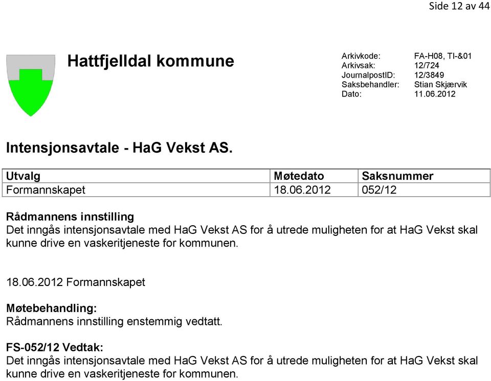 2012 052/12 Rådmannens innstilling Det inngås intensjonsavtale med HaG Vekst AS for å utrede muligheten for at HaG Vekst skal kunne drive en vaskeritjeneste