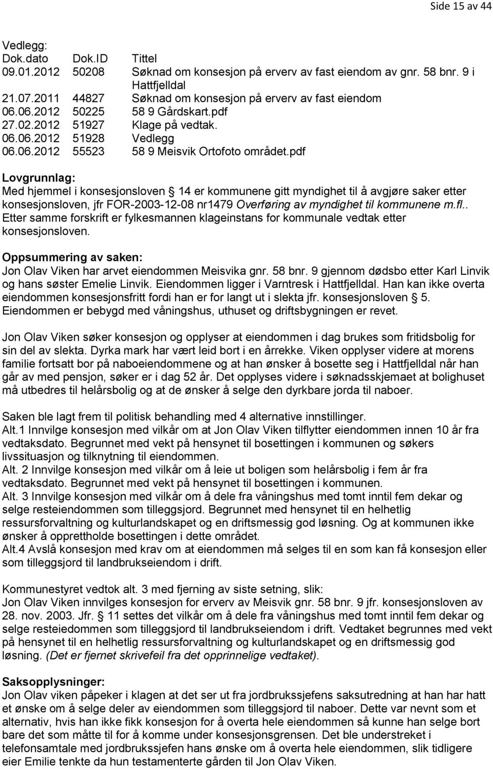 pdf Lovgrunnlag: Med hjemmel i konsesjonsloven 14 er kommunene gitt myndighet til å avgjøre saker etter konsesjonsloven, jfr FOR-2003-12-08 nr1479 Overføring av myndighet til kommunene m.fl.