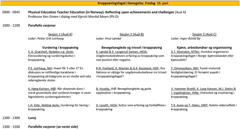 D) 1000-1200 Parallelle sesjoner Sesjon 1 (Aud A) Sesjon 2 (Aud B) Sesjon 3 (Aud C) Leder: Petter Erik Leirhaug Leder: Knut Løndal Leder: Inger-Åshild By Vurdering i kroppsøving Bevegelsesglede og
