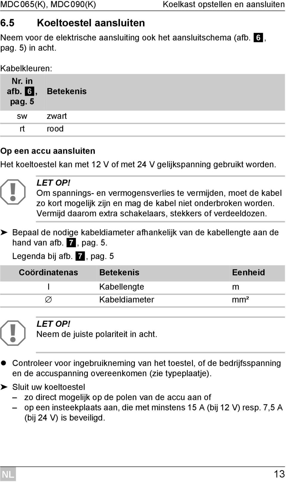 Om spannings- en vermogensverlies te vermijden, moet de kabel zo kort mogelijk zijn en mag de kabel niet onderbroken worden. Vermijd daarom extra schakelaars, stekkers of verdeeldozen.