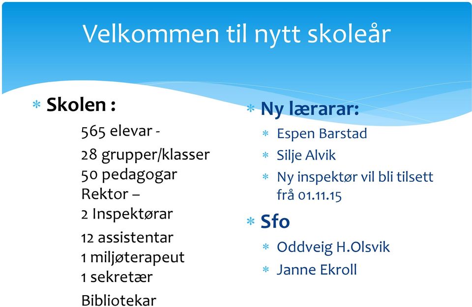 Bibliotekar Ny lærarar: Espen Barstad Silje Alvik Ny