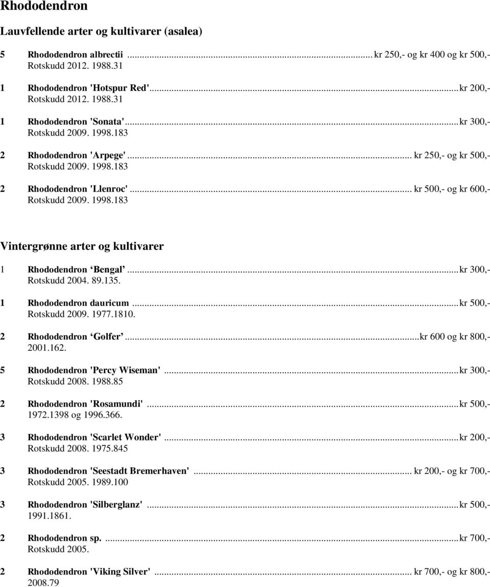 .. kr 300,- Rotskudd 2004. 89.135. 1 Rhododendron dauricum... kr 500,- Rotskudd 2009. 1977.1810. 2 Rhododendron Golfer... kr 600 og kr 800,- 2001.162. 5 Rhododendron 'Percy Wiseman'.