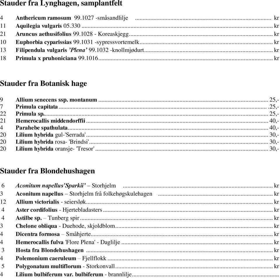 .. 25,- 7 Primula capitata....25,- 22 Primula sp... 25,- 21 Hemerocallis middendorffii... 40,- 4 Parahebe spathulata... 40,- 20 Lilium hybrida gul-'serrada'... 30,- 20 Lilium hybrida rosa- 'Brindsi'.