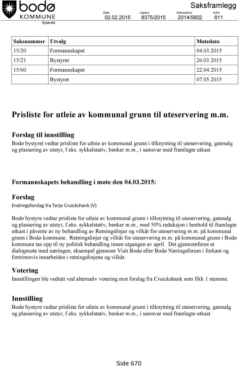 eks. sykkelstativ, benker m.m., i samsvar med framlagte utkast. Formannskapets behandling i møte den 04.03.