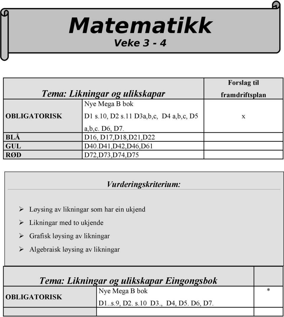 D41,D42,D46,D61 RØD D72,D73,D74,D75 Forslag til framdriftsplan Vurderingskriterium: Løysing av likningar som har ein