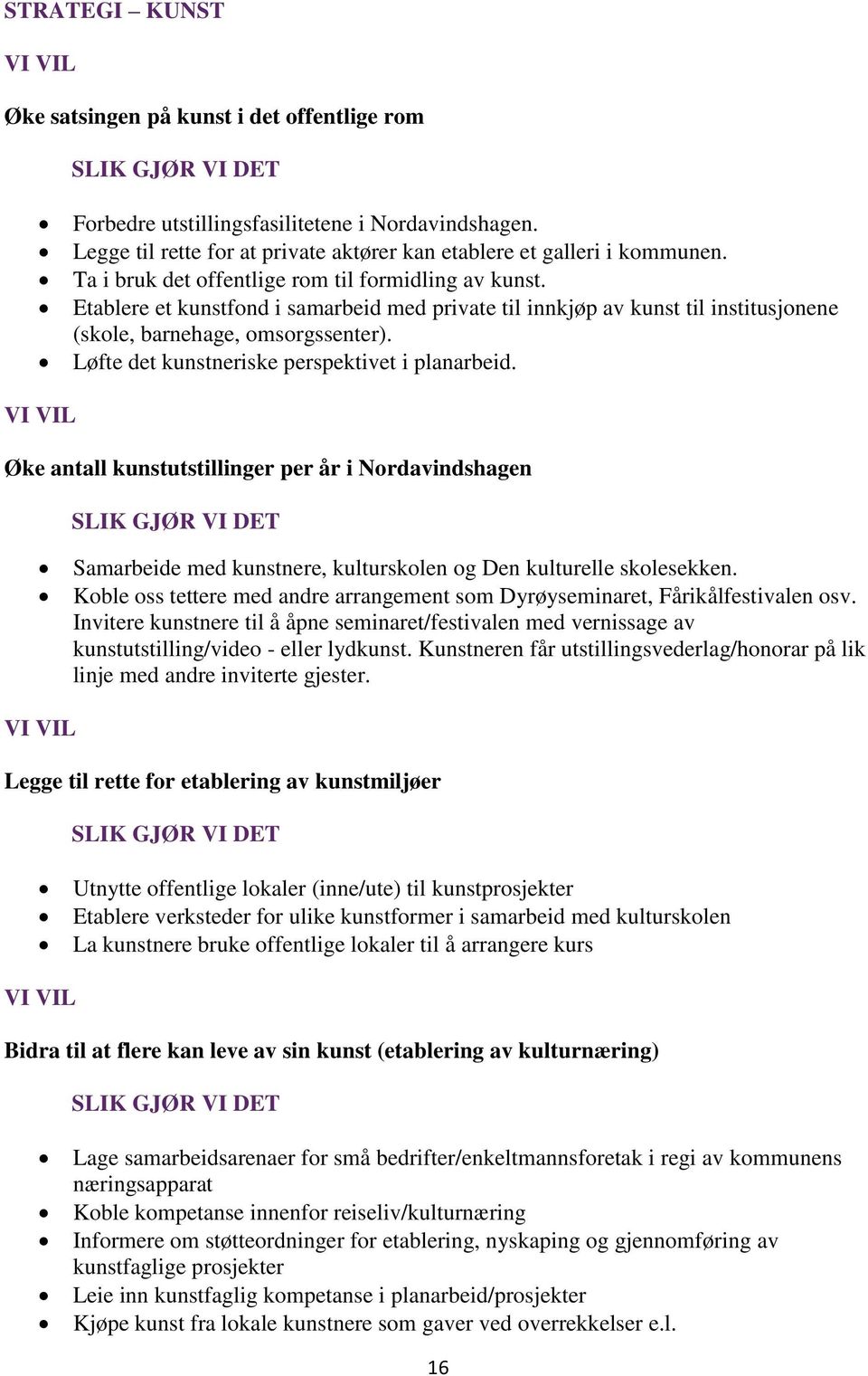 Løfte det kunstneriske perspektivet i planarbeid. Øke antall kunstutstillinger per år i Nordavindshagen Samarbeide med kunstnere, kulturskolen og Den kulturelle skolesekken.