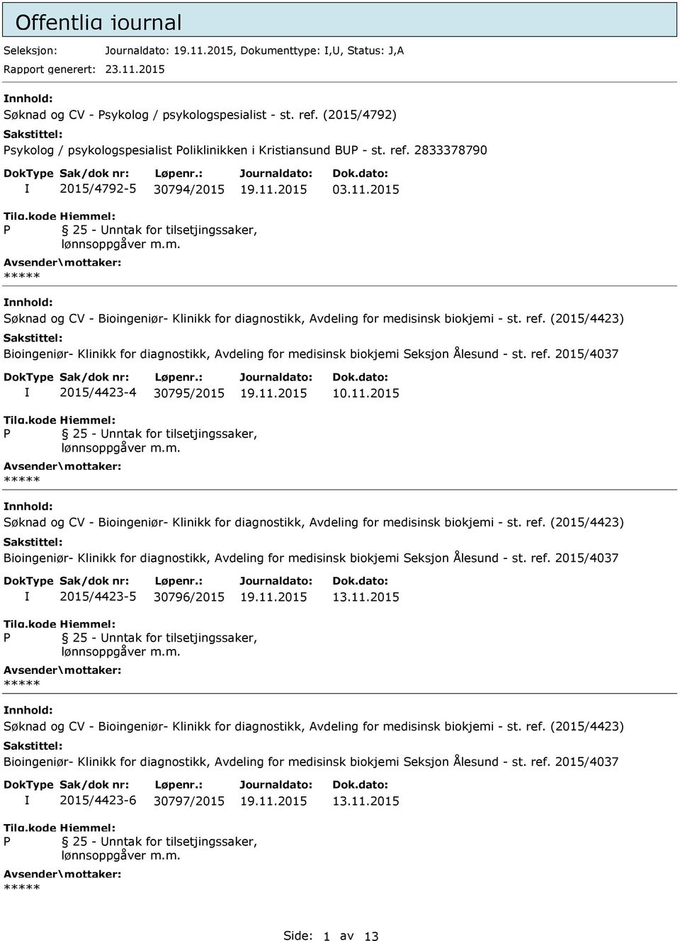 2015 25 - nntak for tilsetjingssaker, nnhold: Søknad og CV - Bioingeniør- Klinikk for diagnostikk, Avdeling for medisinsk biokjemi - st. ref.