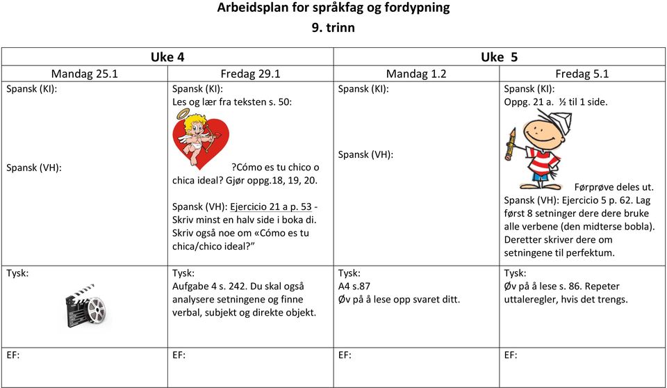 Spansk (VH): Førprøve deles ut. Spansk (VH): Ejercicio 5 p. 62. Lag først 8 setnger dere dere bruke alle verbene (den midterse bobla). Deretter skriver dere om setngene til perfektum.