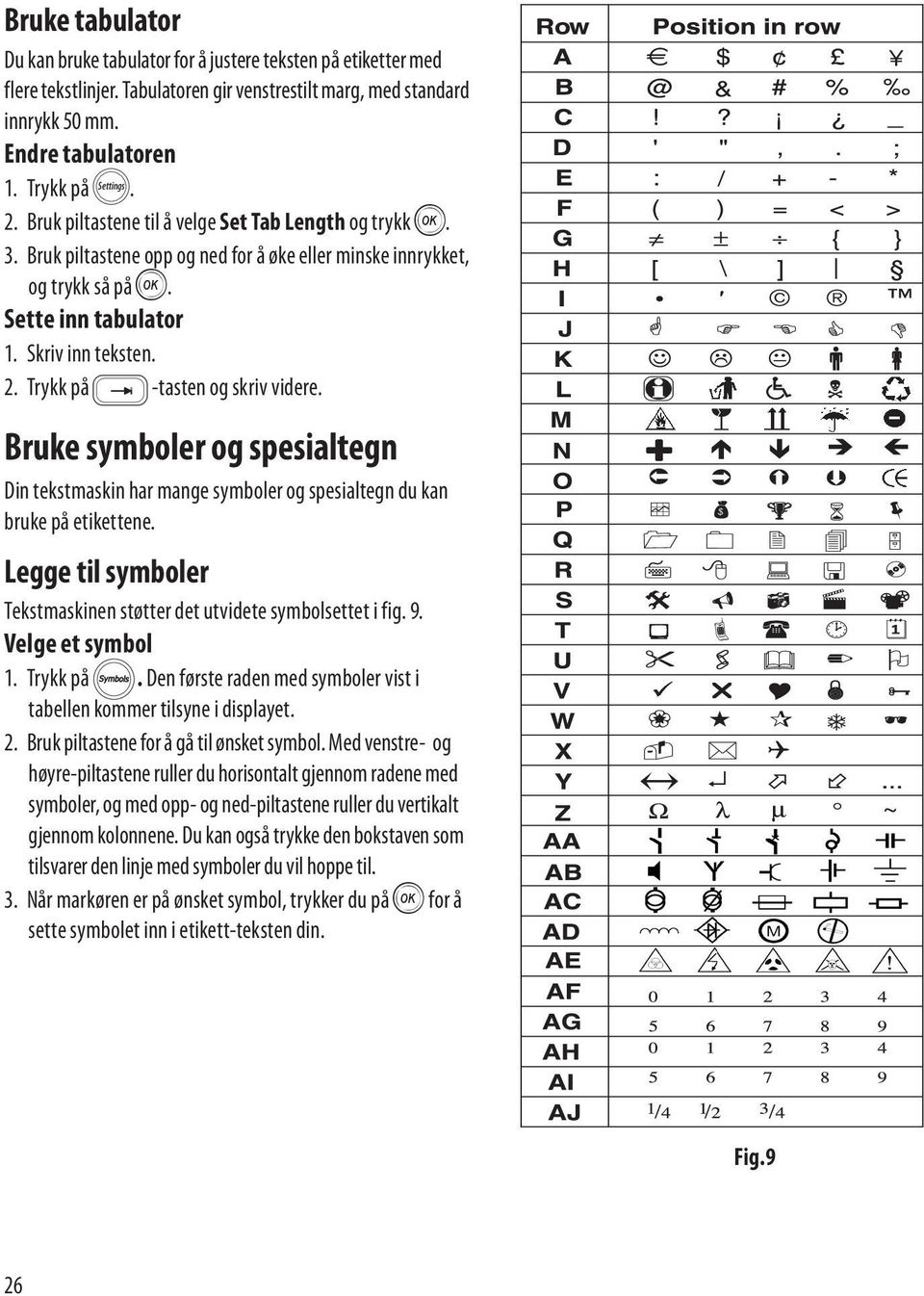 Trykk på æ -tasten og skriv videre. Bruke symboler og spesialtegn Din tekstmaskin har mange symboler og spesialtegn du kan bruke på etikettene.