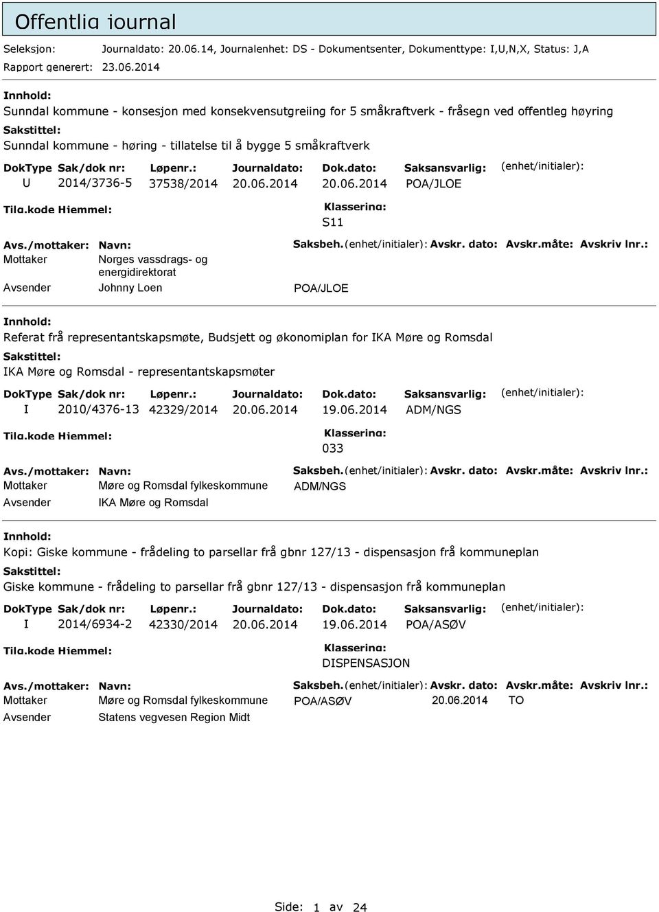 2014 nnhold: Sunndal kommune - konsesjon med konsekvensutgreiing for 5 småkraftverk - fråsegn ved offentleg høyring Sunndal kommune - høring - tillatelse til å bygge 5 småkraftverk 2014/3736-5