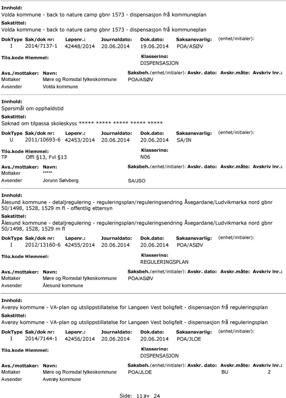 : Mottaker Møre og Romsdal fylkeskommune POA/ASØV Avsender Volda kommune nnhold: Spørsmål om opphaldstid Søknad om tilpassa skoleskyss ***** ***** ***** ***** ***** 2011/10693-6 42453/2014 SA/N TP