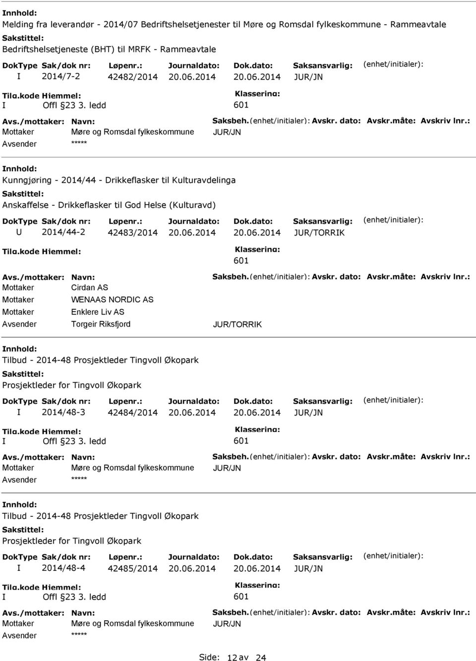 : Mottaker Møre og Romsdal fylkeskommune JR/JN nnhold: Kunngjøring - 2014/44 - Drikkeflasker til Kulturavdelinga Anskaffelse - Drikkeflasker til God Helse (Kulturavd) 2014/44-2 42483/2014 JR/TORRK