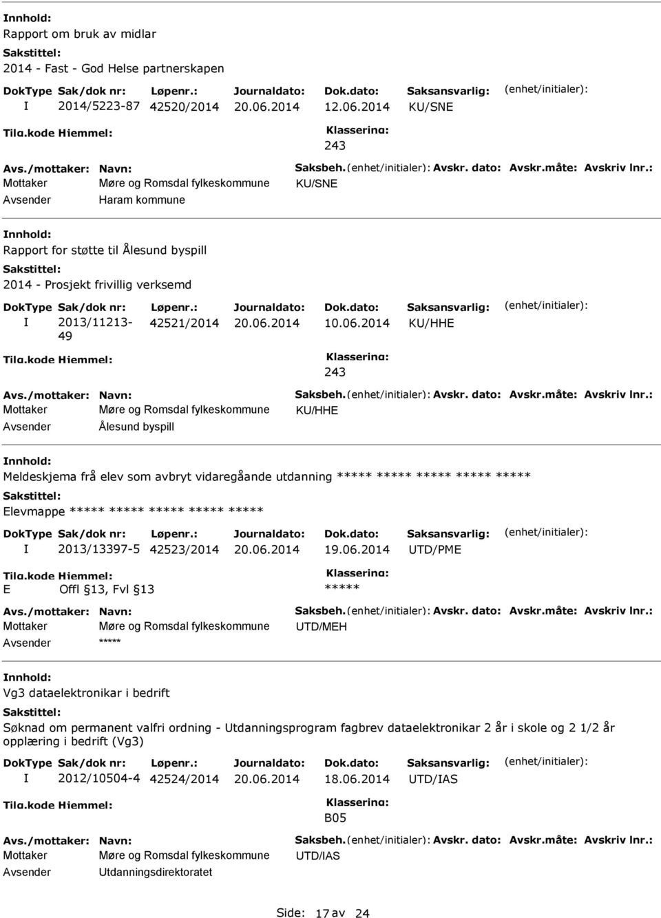 : 42521/2014 10.06.2014 K/HHE 243 Avs./mottaker: Navn: Saksbeh. Avskr. dato: Avskr.måte: Avskriv lnr.