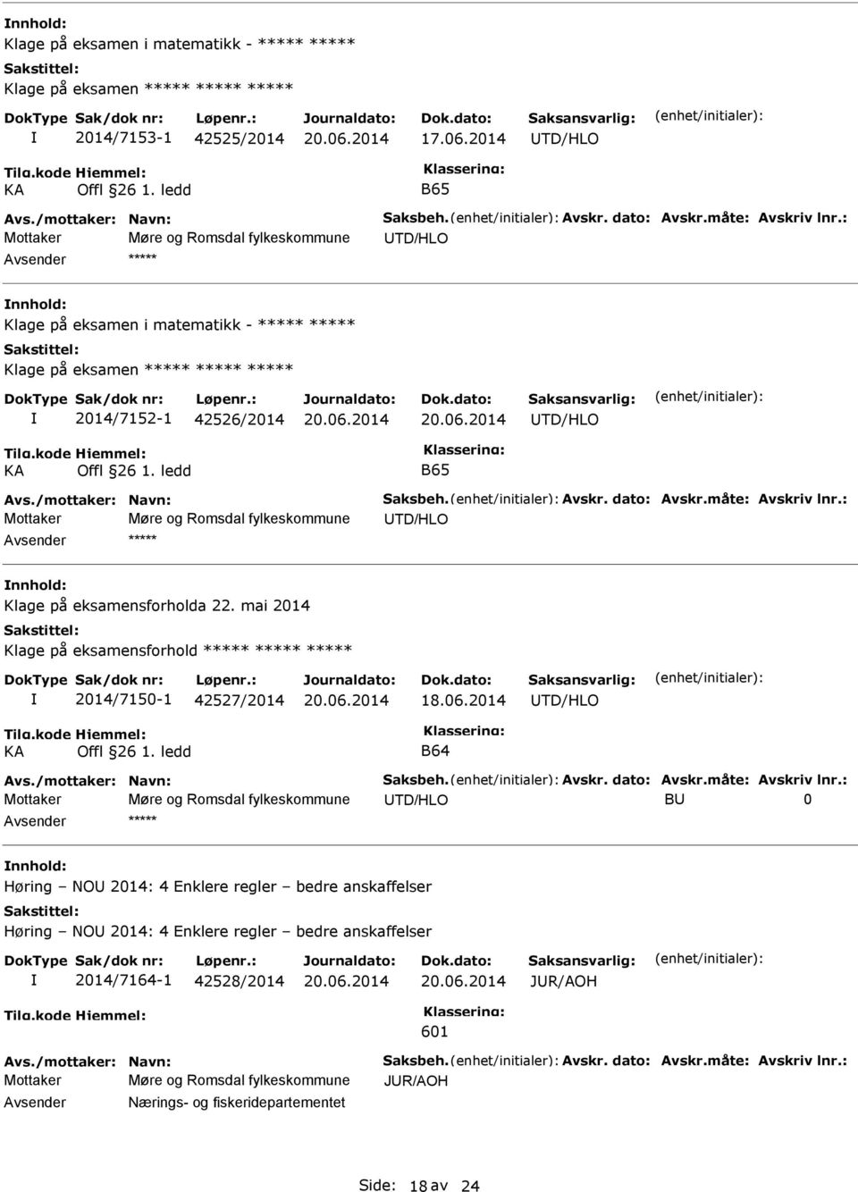 ledd B65 Avs./mottaker: Navn: Saksbeh. Avskr. dato: Avskr.måte: Avskriv lnr.: Mottaker Møre og Romsdal fylkeskommune TD/HLO nnhold: Klage på eksamensforholda 22.