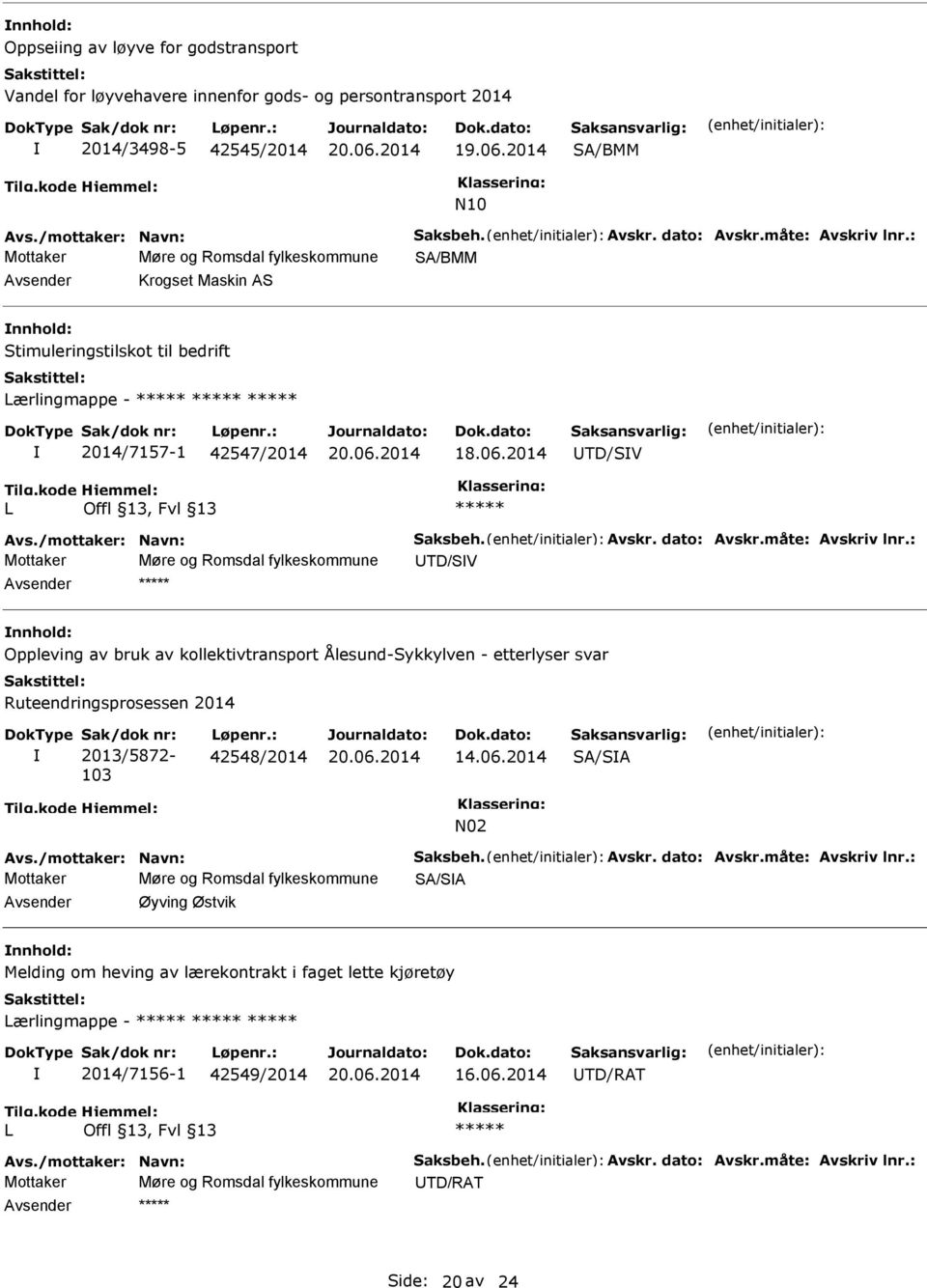 2014 TD/SV L ***** Avs./mottaker: Navn: Saksbeh. Avskr. dato: Avskr.måte: Avskriv lnr.