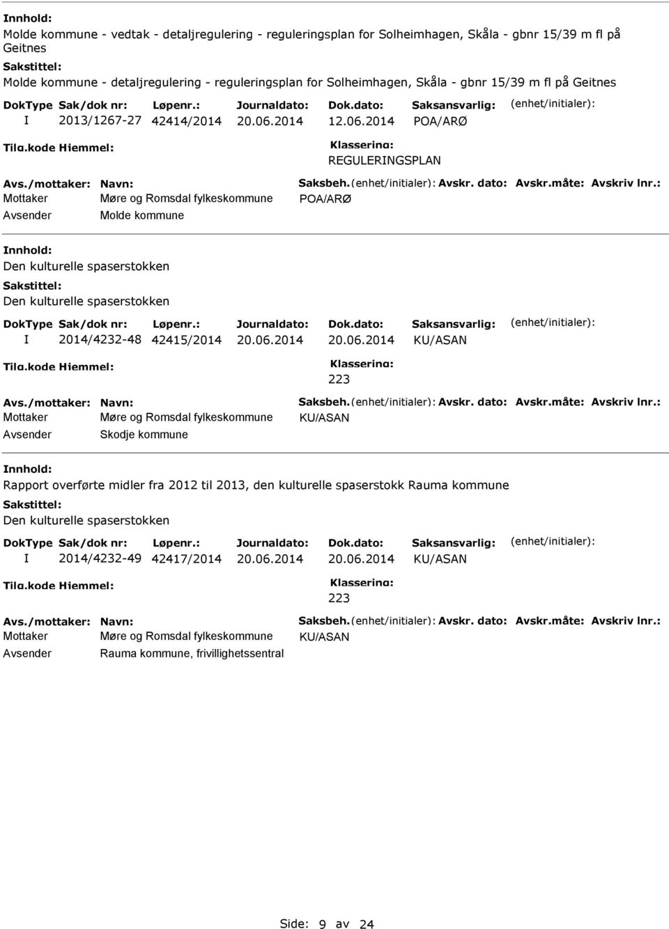 : Mottaker Møre og Romsdal fylkeskommune POA/ARØ Avsender Molde kommune nnhold: Den kulturelle spaserstokken Den kulturelle spaserstokken 2014/4232-48 42415/2014 K/ASAN 223 Avs.