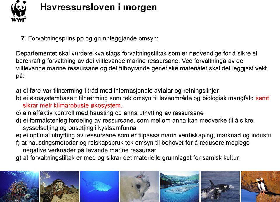 Ved forvaltninga av dei viltlevande marine ressursane og det tilhøyrande genetiske materialet skal det leggjast vekt på: a) ei føre-var-tilnærming i tråd med internasjonale avtalar og retningslinjer