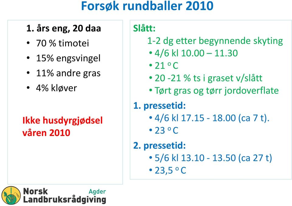 våren 2010 Slått: 1-2 dg etter begynnende skyting 4/6 kl 10.00 11.