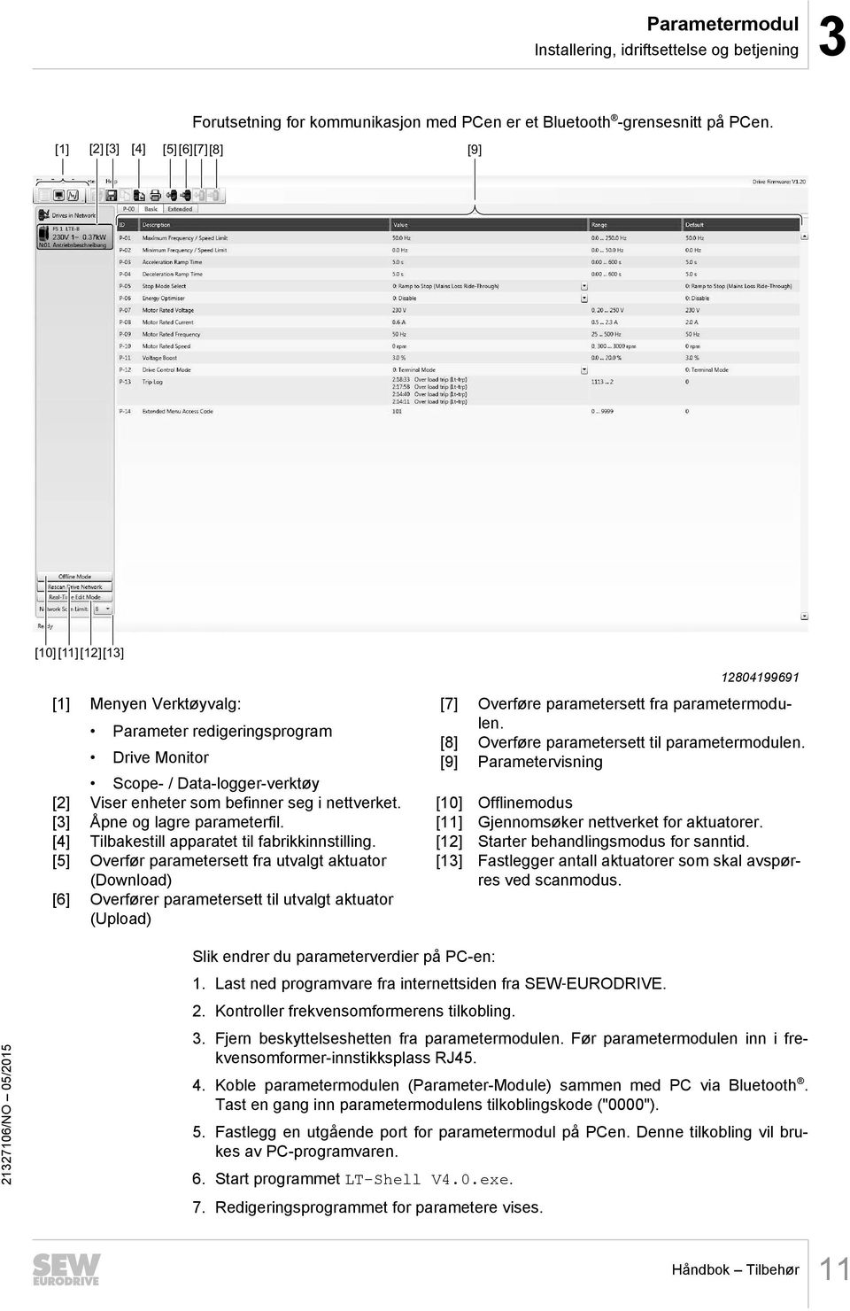 Parameter redigeringsprogram [8] Overføre parametersett til parametermodulen. Drive Monitor [9] Parametervisning Scope- / Data-logger-verktøy [2] Viser enheter som befinner seg i nettverket.