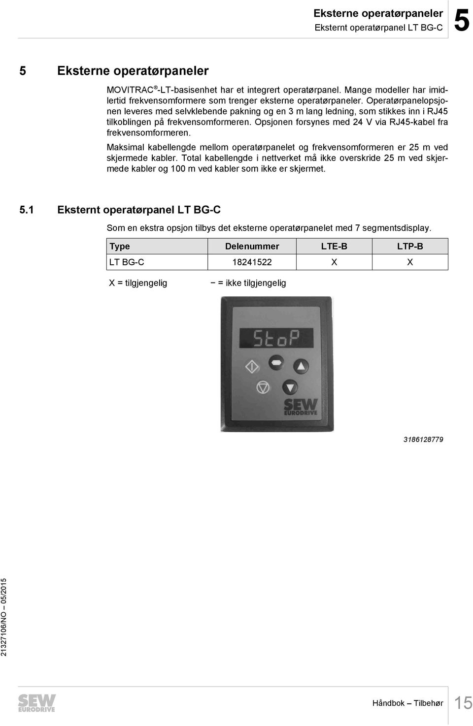 Operatørpanelopsjonen leveres med selvklebende pakning og en 3 m lang ledning, som stikkes inn i RJ45 tilkoblingen på frekvensomformeren.