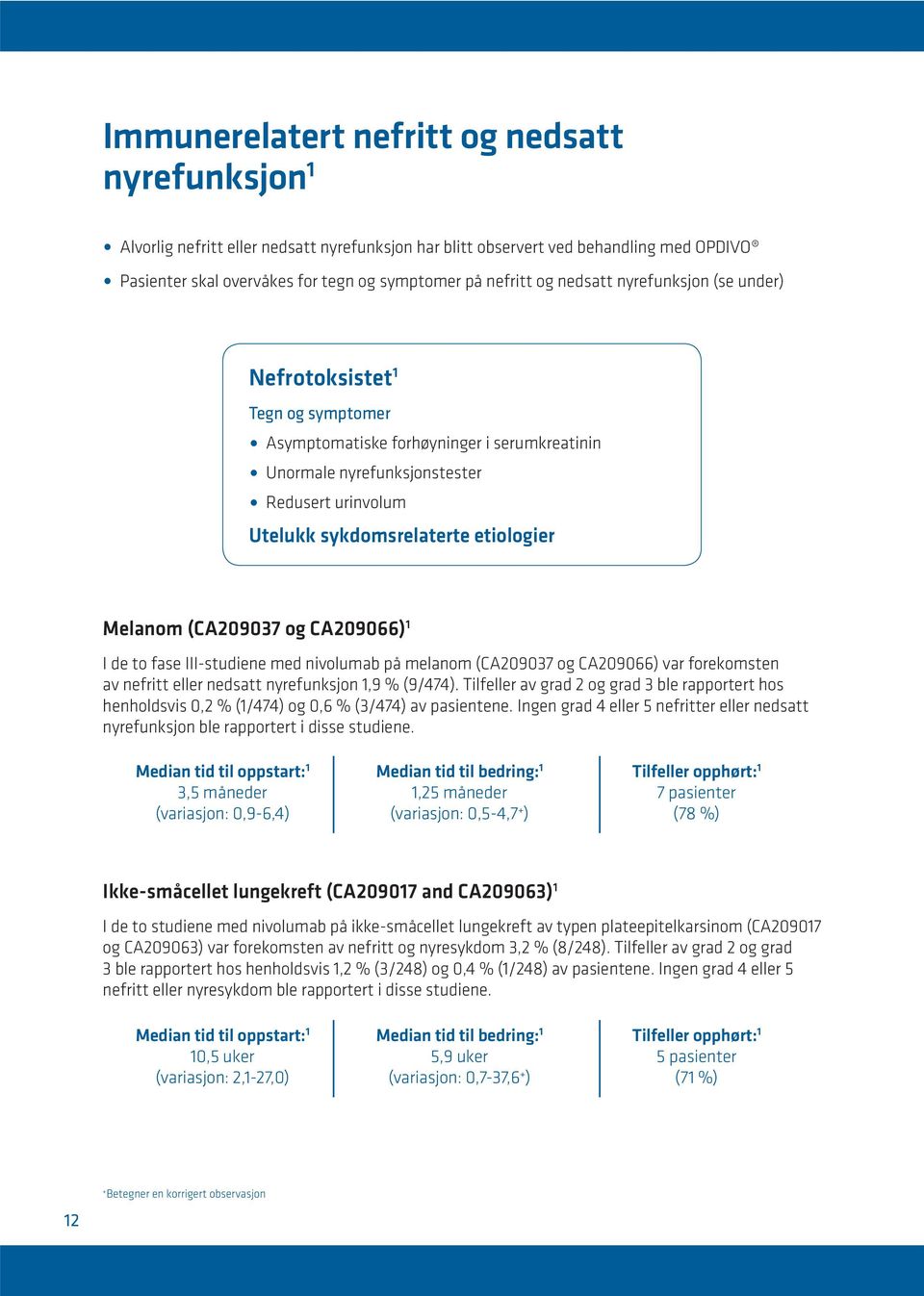 Melanom (CA209037 og CA209066) 1 I de to fase III-studiene med nivolumab på melanom (CA209037 og CA209066) var forekomsten av nefritt eller nedsatt nyrefunksjon 1,9 % (9/474).