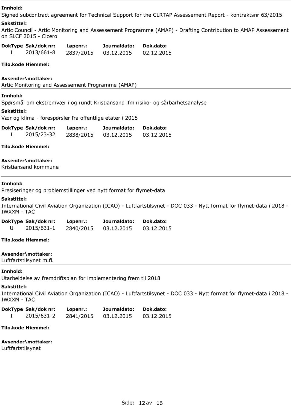 klima - forespørsler fra offentlige etater i 2015 2015/23-32 2838/2015 Kristiansand kommune Presiseringer og problemstillinger ved nytt format for flymet-data nternational Civil Aviation Organization