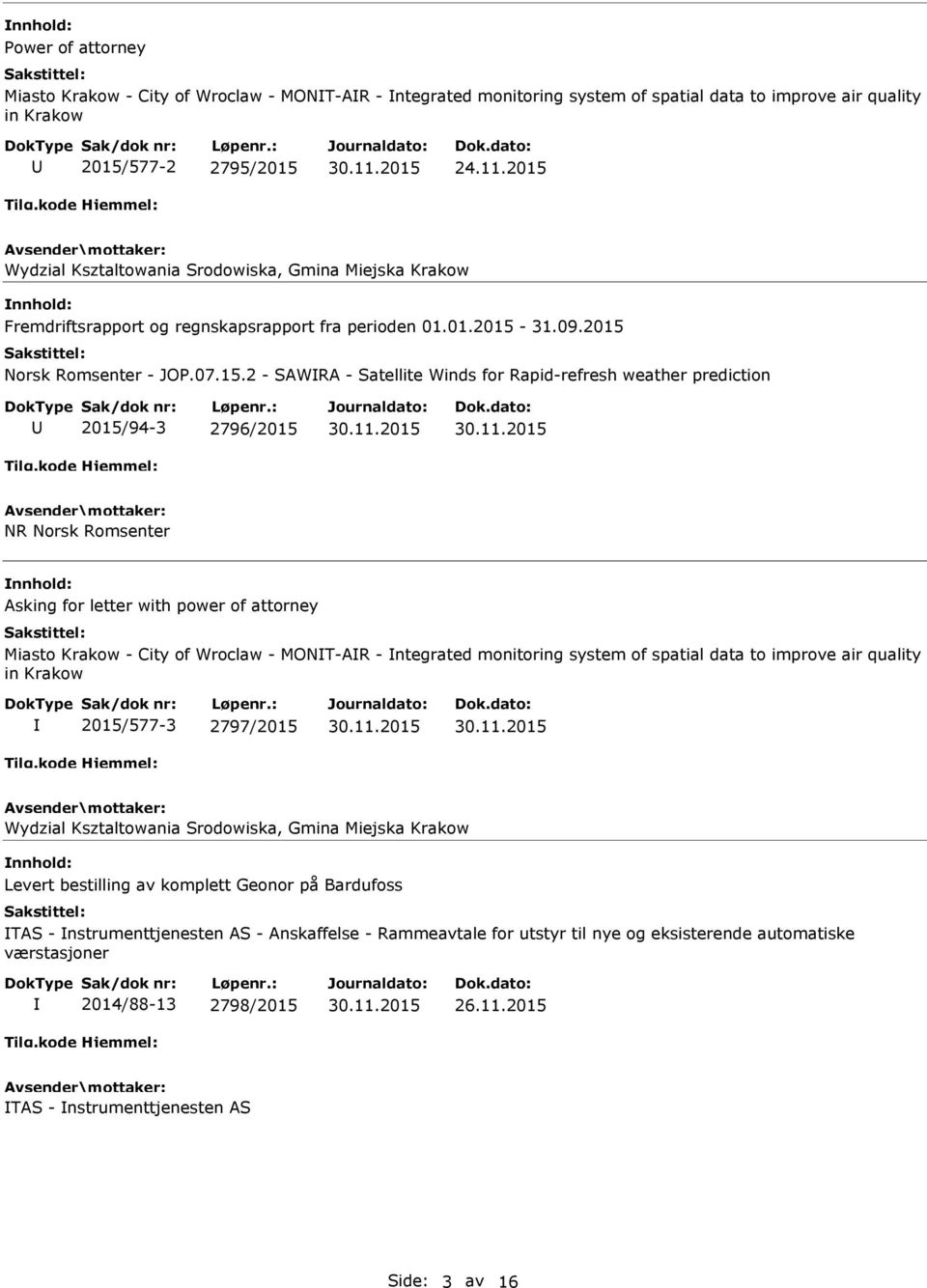 Rapid-refresh weather prediction 2015/94-3 2796/2015 NR Norsk Romsenter Asking for letter with power of attorney Miasto Krakow - City of Wroclaw - MONT-AR - ntegrated monitoring system of spatial