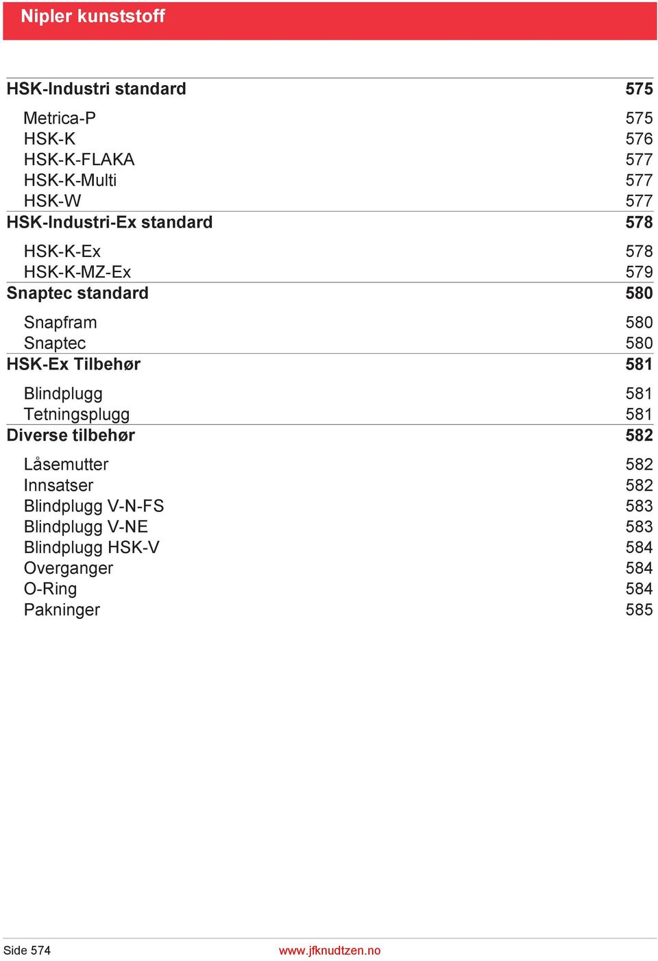 HSK-Ex Tilbehør 581 Blindplugg 581 Tetningsplugg 581 Diverse tilbehør 582 Låsemutter 582 Innsatser 582