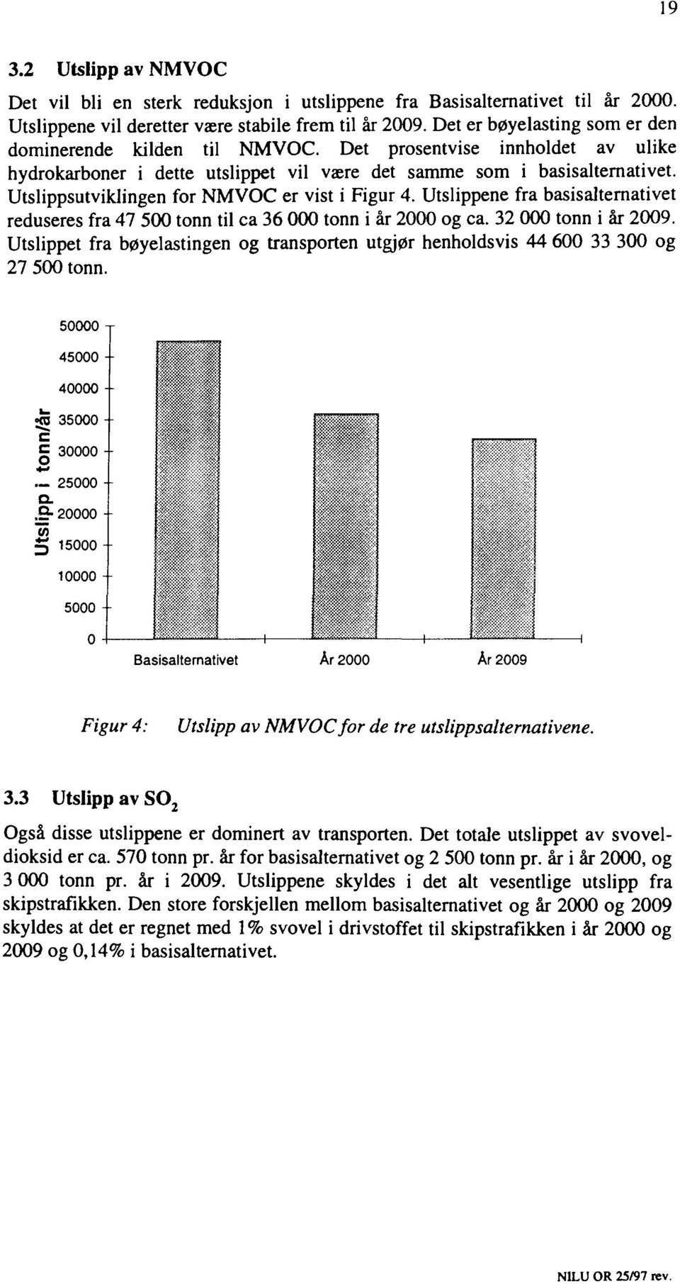 Utslippsutviklingen for NMVOC er vist i Figur 4. Utslippene fra basisalternativet reduseres fra 47 500 tonn til ca 36 000 tonn i år 2000 og ca. 32 000 tonn i år 2009.