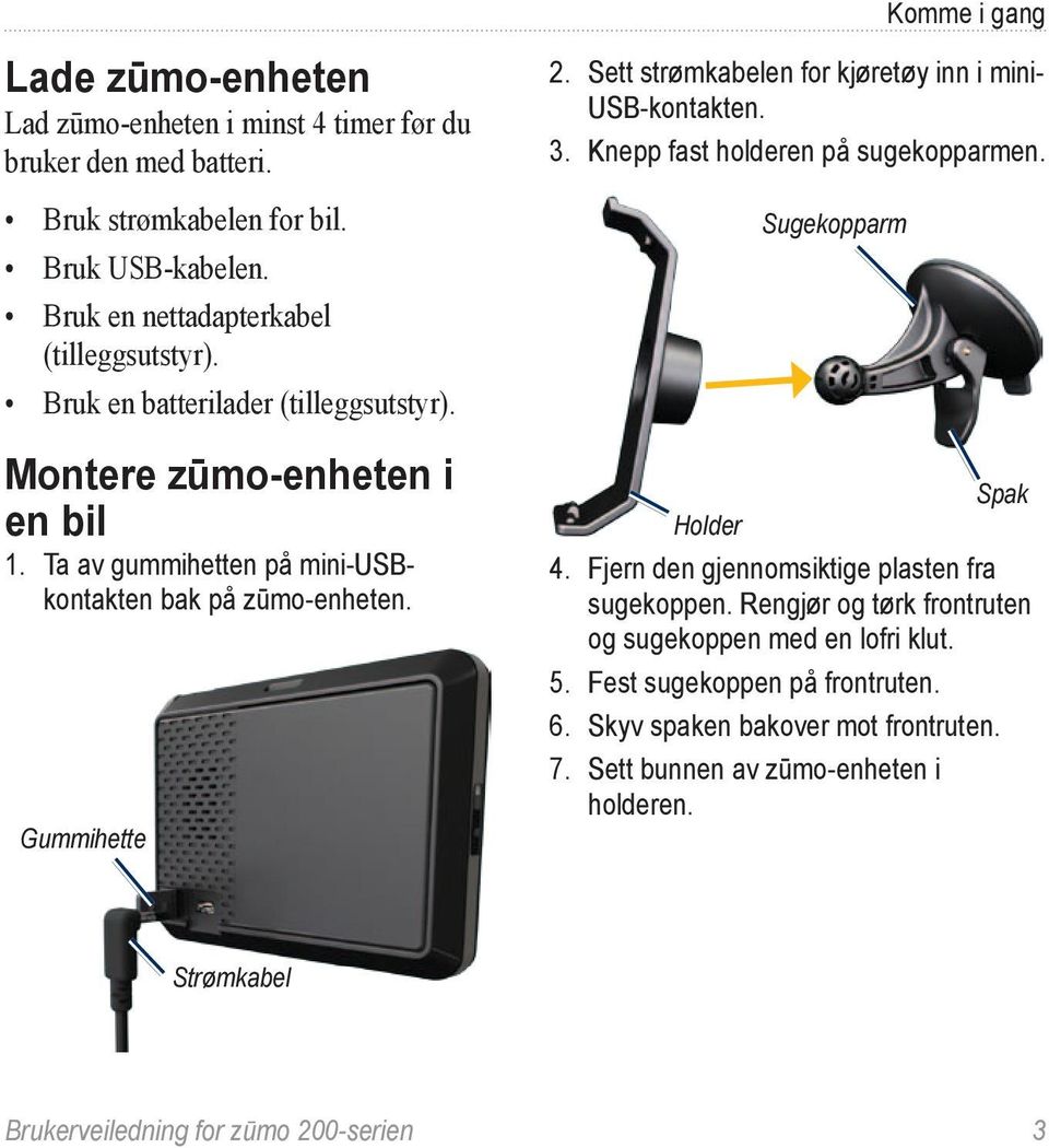 Sett strømkabelen for kjøretøy inn i mini- USB-kontakten. 3. Knepp fast holderen på sugekopparmen. Sugekopparm Spak Holder 4. Fjern den gjennomsiktige plasten fra sugekoppen.