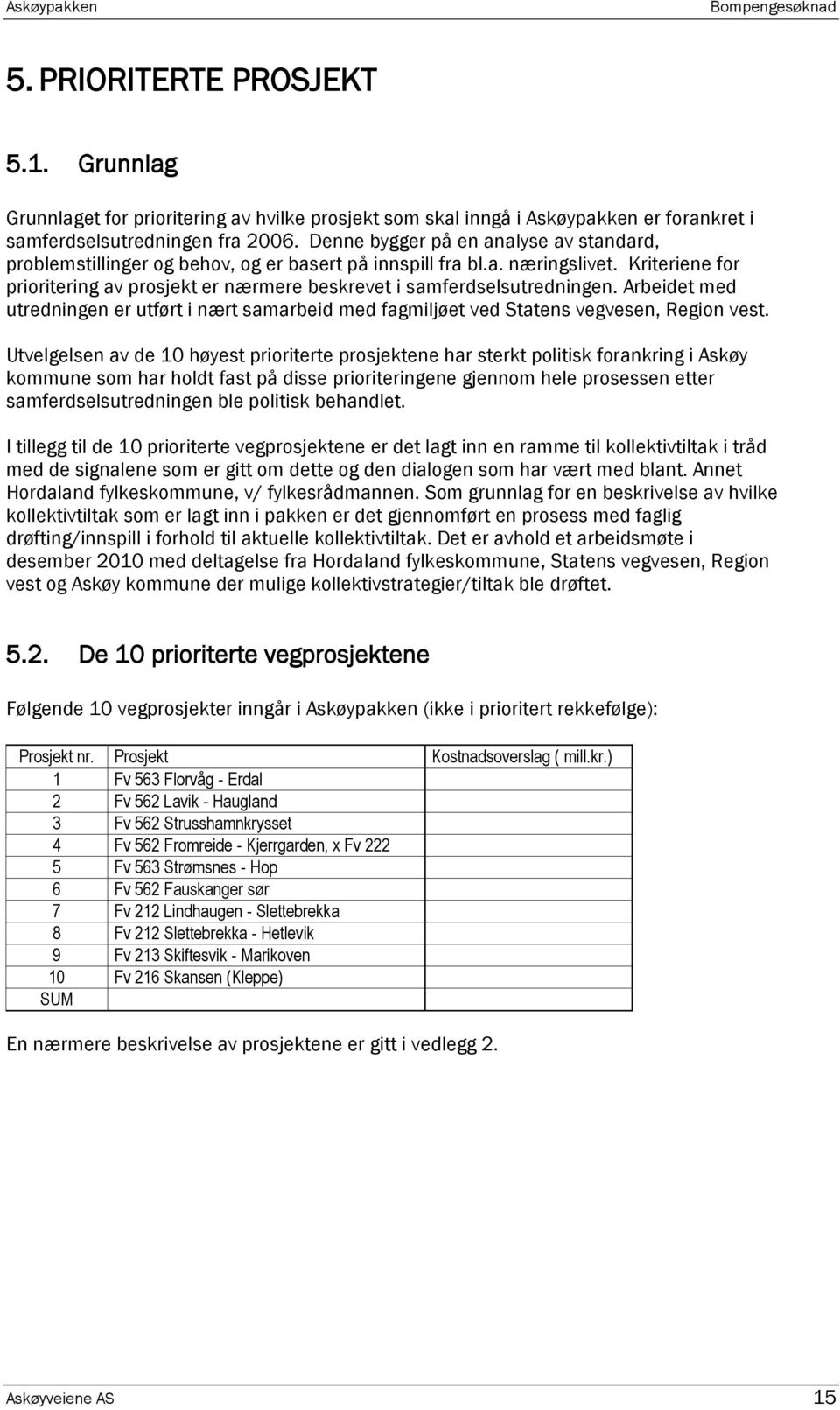 Kriteriene for prioritering av prosjekt er nærmere beskrevet i samferdselsutredningen. Arbeidet med utredningen er utført i nært samarbeid med fagmiljøet ved Statens vegvesen, Region vest.