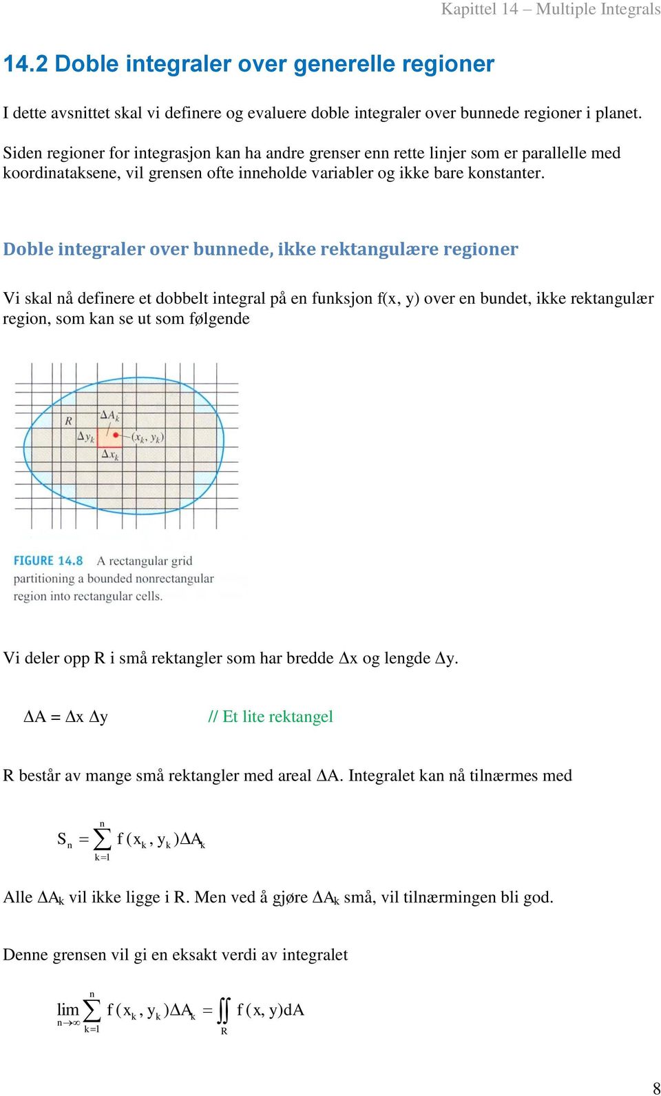 Doble integale oe bnnede ie etanglæe egione Vi sal nå definee et dobbelt integal på en fnsjon f oe en bndet ie etanglæ egion som an se t som følgende Vi dele opp i små etangle