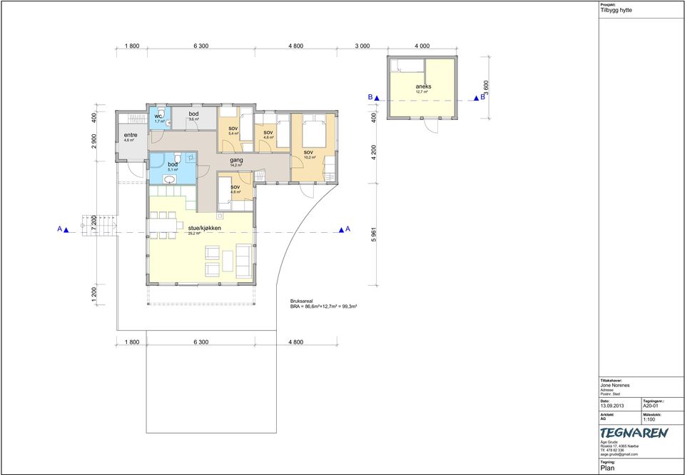 A Bruksareal BRA = 86,6m²+12,7m² = 99,3m² 1 800 6 300 4 800 Tiltakshaver: Jone Norenes Adresse Postnr. Sted Dato: 13.09.