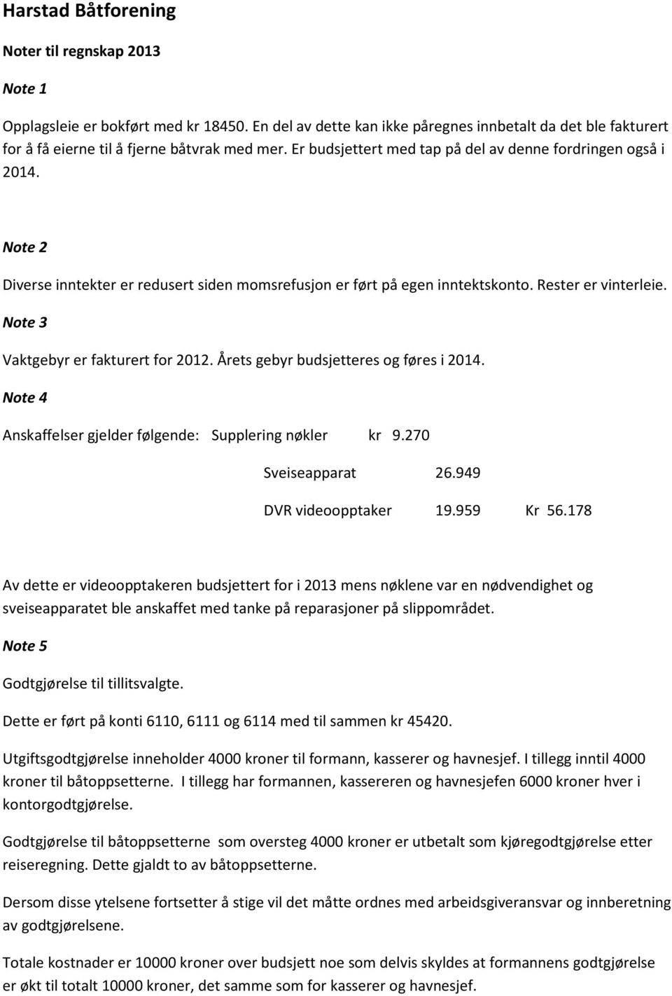 Note 3 Vaktgebyr er fakturert for 2012. Årets gebyr budsjetteres og føres i 2014. Note 4 Anskaffelser gjelder følgende: Supplering nøkler kr 9.270 Sveiseapparat 26.949 DVR videoopptaker 19.959 Kr 56.