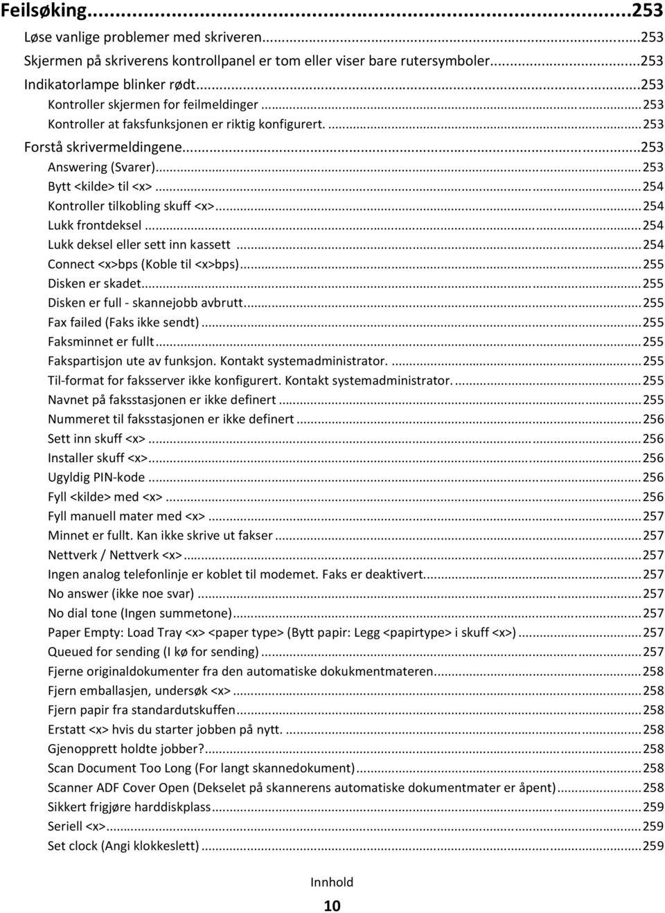 ..254 Kontroller tilkobling skuff <x>...254 Lukk frontdeksel...254 Lukk deksel eller sett inn kassett...254 Connect <x>bps (Koble til <x>bps)...255 Disken er skadet.