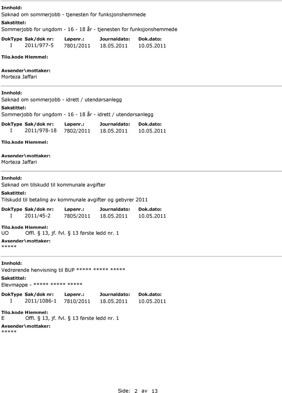 / utendørsanlegg 2011/978-18 7802/2011 Morteza Jaffari nnhold: Søknad om tilskudd til kommunale avgifter Tilskudd til betaling av