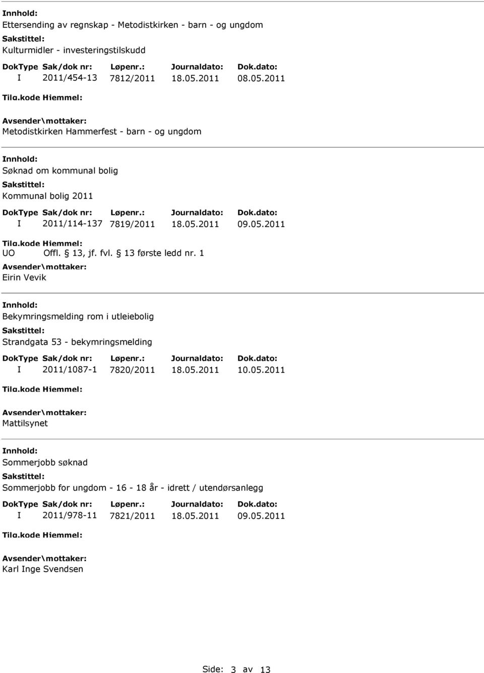 2011 Eirin Vevik nnhold: Bekymringsmelding rom i utleiebolig Strandgata 53 - bekymringsmelding 2011/1087-1 7820/2011 Mattilsynet