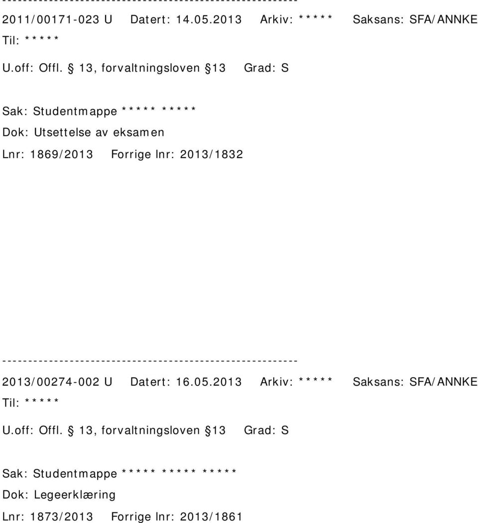 Utsettelse av eksamen Lnr: 1869/2013 Forrige lnr: 2013/1832 2013/00274-002 U