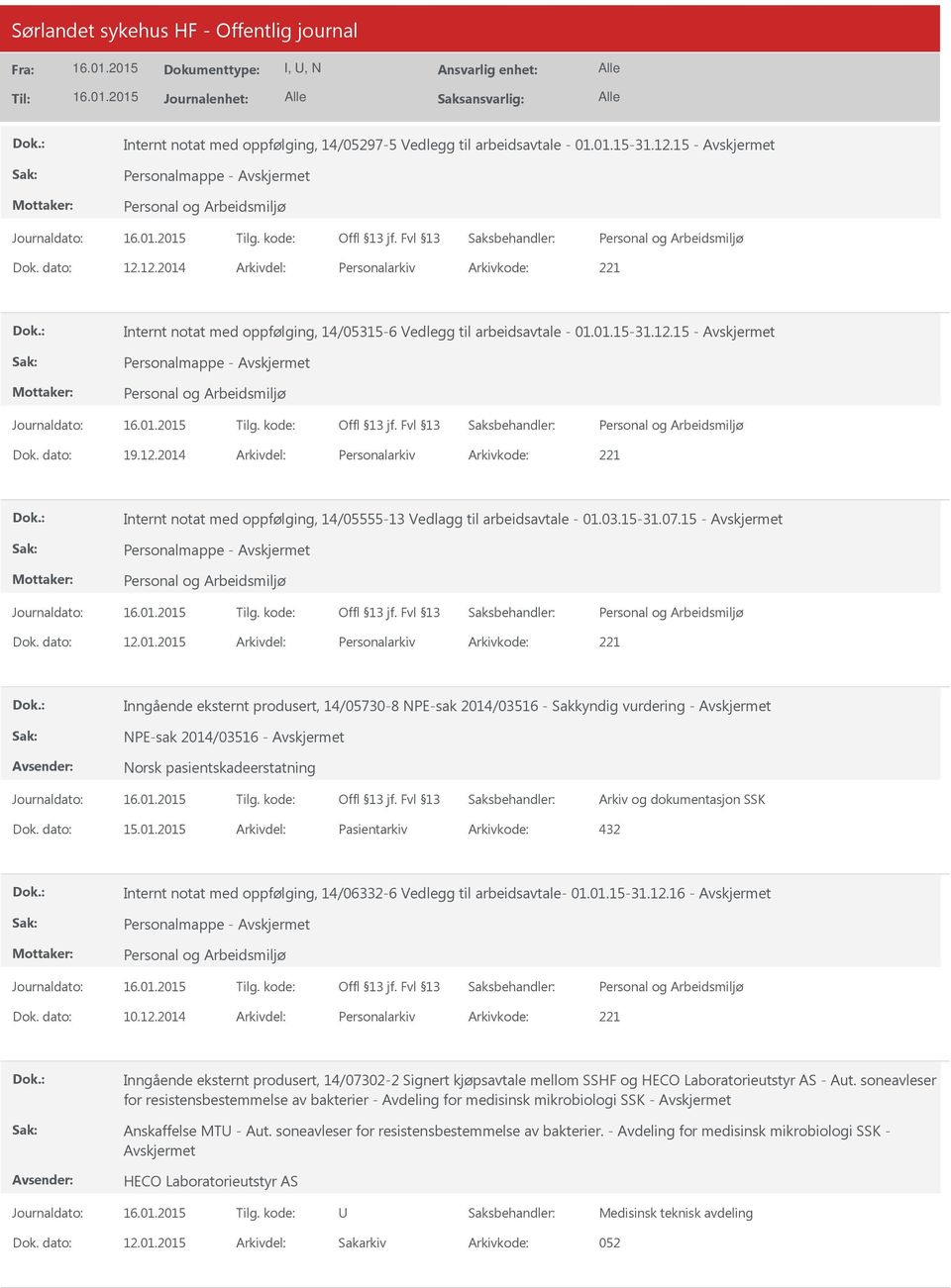 01.2015 Pasientarkiv 432 Internt notat med oppfølging, 14/06332-6 Vedlegg til arbeidsavtale- 01.01.15-31.12.