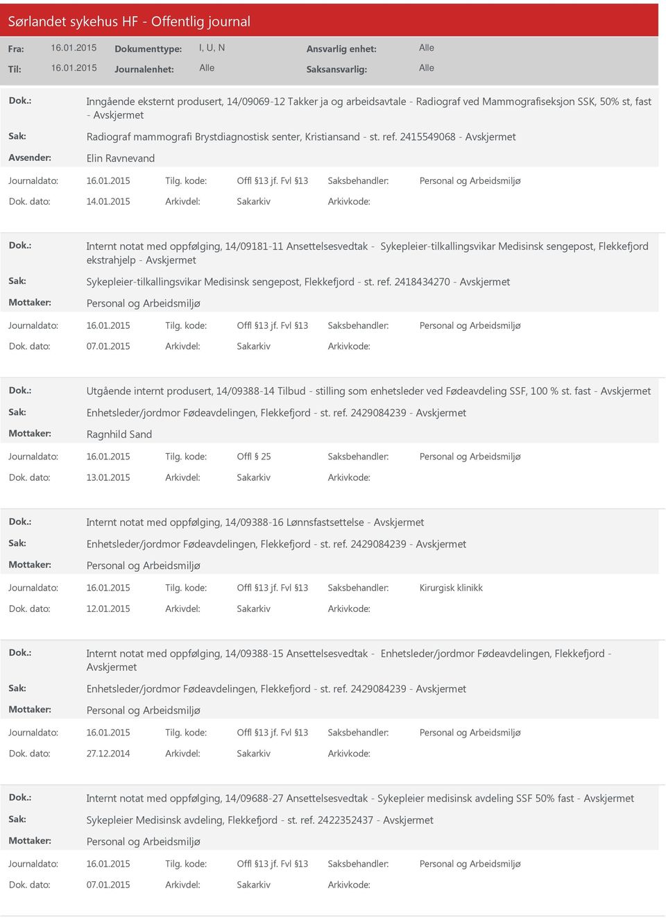 Medisinsk sengepost, Flekkefjord - st. ref. 2418434270-07.01.2015 tgående internt produsert, 14/09388-14 Tilbud - stilling som enhetsleder ved Fødeavdeling SSF, 100 % st.