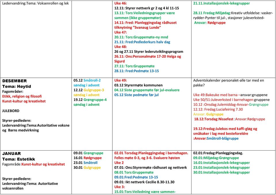 11: Ons:Personalmøte 17-20 Helga og Sigurd 27.11: Tors:Gruppemøte 28.11: Fred:Pedmøte 13-15 21.11.Installasjonslek-lekegrupper 28.