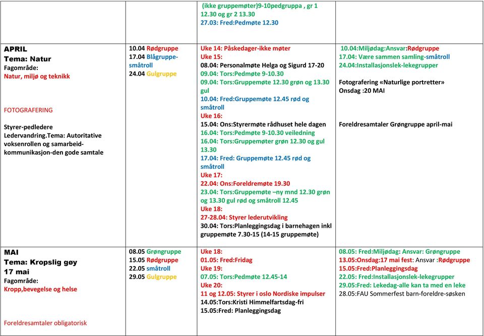 04: Personalmøte Helga og Sigurd 17-20 09.04: Tors:Pedmøte 9-10.30 09.04: Tors:Gruppemøte 12.30 grøn og 13.30 gul 10.04: Fred:Gruppemøte 12.45 rød og Uke 16: 15.